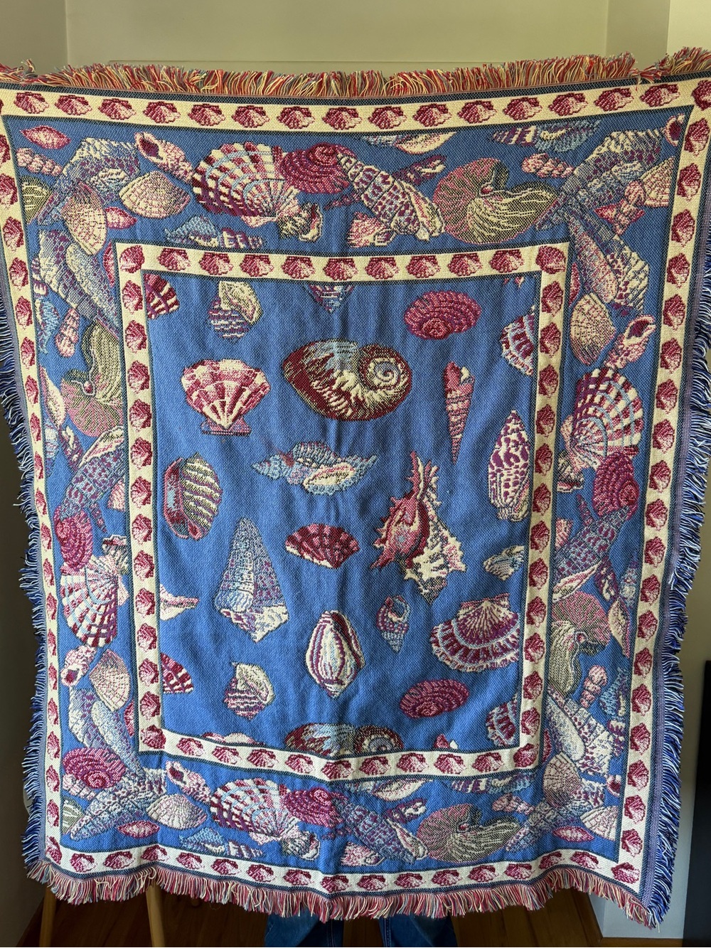 Seashell Woven Throw Blanket - Blue, Pink & Cream